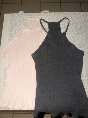 Ribbed High-Neck Tank Top - Light Pink and Charcoal
